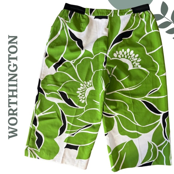 🛍️3/$40 Worthington Green Floral Wide-Leg Cropped Pants – Black White Size XL - Picture 2 of 6